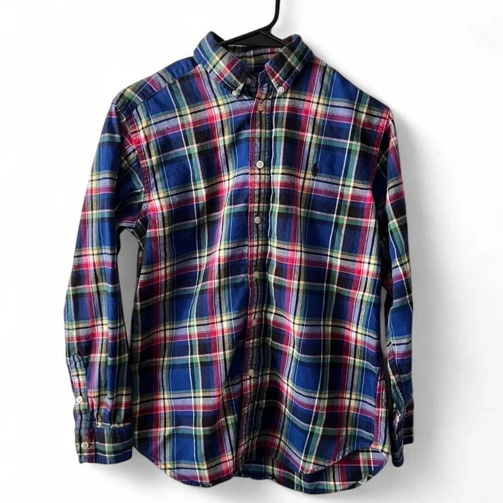 Ralph Lauren Plaid Cotton Button Up Short Boys Size Large 14/16 Preppy Academia